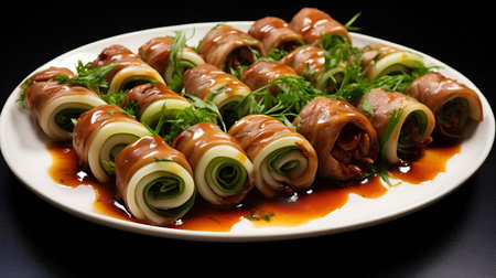 Rolls of spring rolls with meat and vegetables on a white plateの素材