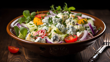 Traditional gorgonzola salad with blue cheese and vegetables on wooden backgroundの素材