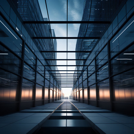 3D render of a modern office building with glass walls and windowsの素材
