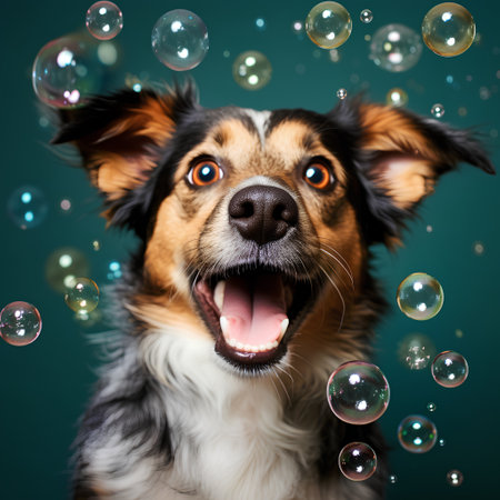 Funny dog with soap bubbles on green background, closeup portraitの素材