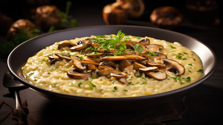 Risotto with wild mushrooms and parsley on dark wooden backgroundの素材