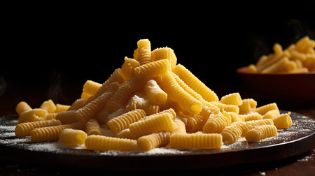 closeup of a plate of italian pasta on a wooden tableの素材