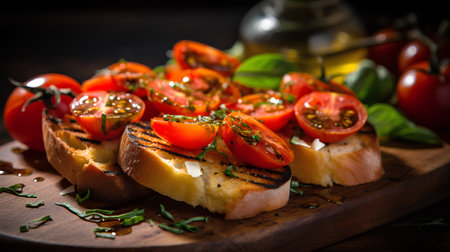Bruschetta with cherry tomatoes, mozzarella cheese and herbs on wooden backgroundの素材