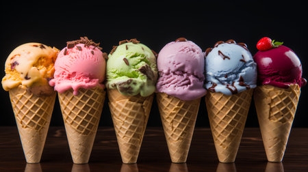 Ice cream scoops in waffle cones on wooden table, closeupの素材