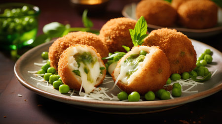 Crispy fried mozzarella cheese balls with green peas on a plateの素材