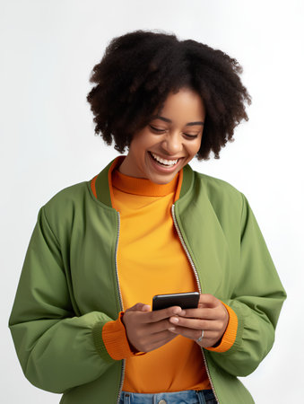 smiling african american woman in green hoodie using smartphoneの素材