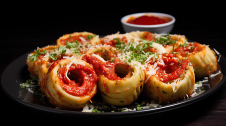 Stuffed cabbage rolls with tomato sauce and cheese on a black plateの素材