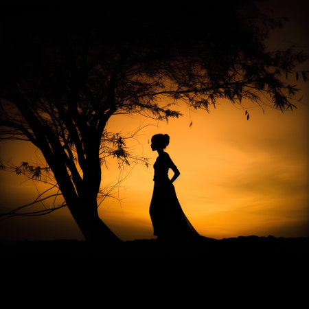 Silhouette of a beautiful woman in a long dress on a background of a sunsetの素材