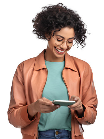 smiling african american woman in eyeglasses using smartphoneの素材