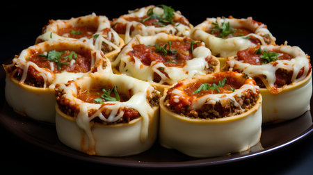 Tasty lasagna rolls with meat, tomato sauce and cheese on black backgroundの素材
