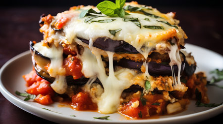 Vegetable lasagna with eggplant, tomato and mozzarella cheeseの素材