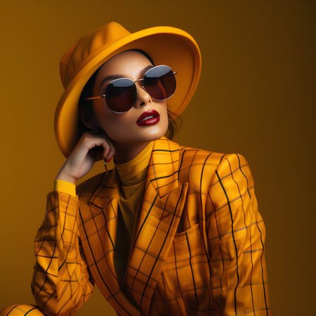 Fashionable young woman in yellow coat, sunglasses and hat. Studio shot.の素材