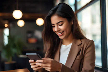 business, technology and people concept - smiling businesswoman with smartphone in cafeの素材