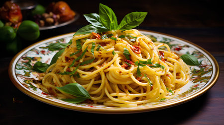 Spaghetti with dried tomatoes and basil on a plate. Italian cuisine.の素材
