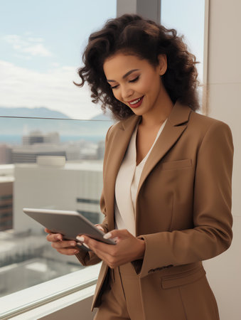 smiling african american businesswoman using digital tablet in officeの素材
