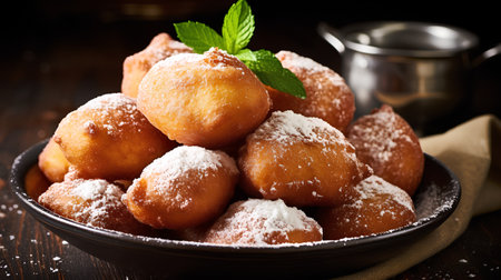 Fried doughnuts with powdered sugar in a plate on a wooden tableの素材