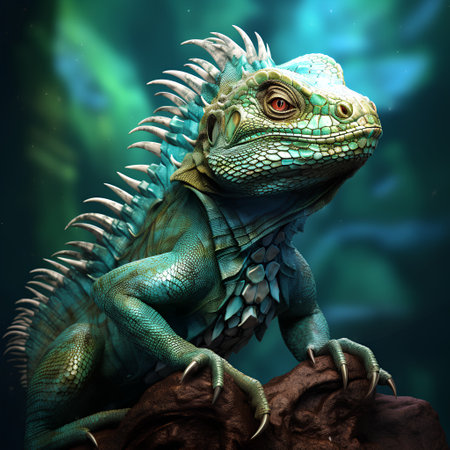 3D rendering of a green iguana on a dark blue backgroundの素材