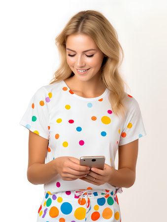 Portrait of a young woman using a smartphone on a white backgroundの素材
