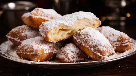 Closeup of a plate of donuts sprinkled with powdered sugar.の素材