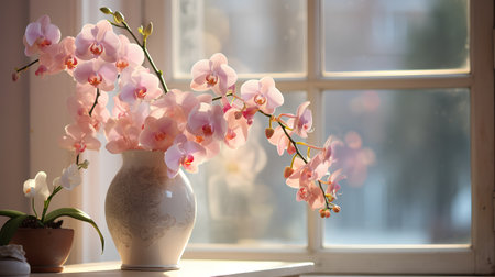 Pink orchids in vase on windowsill, selective focusの素材