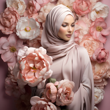 Portrait of beautiful muslim woman with pink peony flowers.の素材