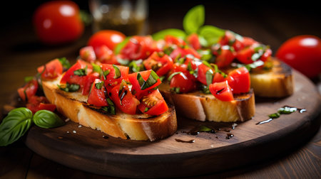 Bruschetta with tomatoes, basil and olive oil on wooden backgroundの素材