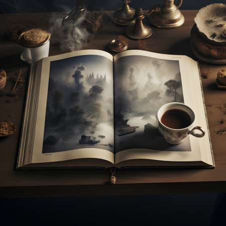 Cup of coffee and book on a wooden table in vintage styleの素材