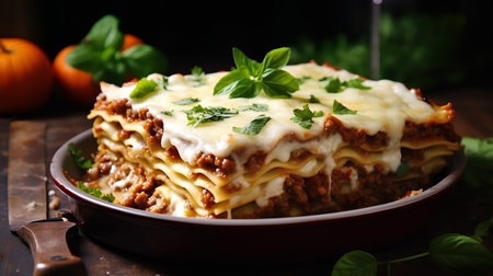 Lasagna with minced meat and parmesan cheese, selective focusの素材