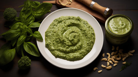 Basil pesto sauce with pine nuts on a wooden table.の素材