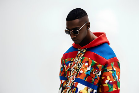 Stylish african american man in colorful coat and sunglasses on white backgroundの素材