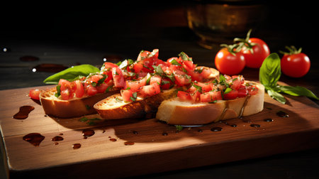 Bruschetta with tomatoes, basil and olive oil on wooden boardの素材