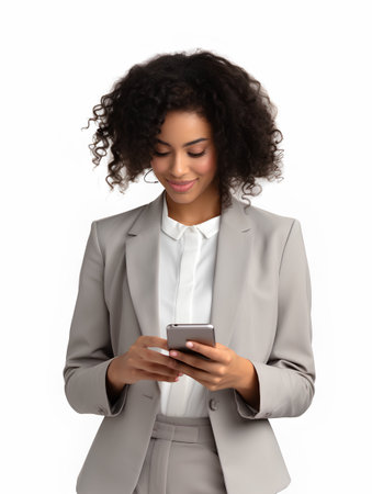 Beautiful african american businesswoman using smartphone on white backgroundの素材