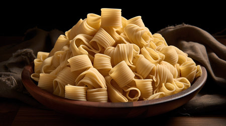 close up of a bowl of italian pasta on a wooden tableの素材