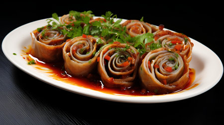 Chinese cabbage rolls on a white plate on a black background, close-upの素材