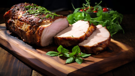 Roast pork loin with herbs on a wooden cutting board.の素材