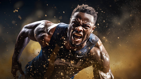 Athletic african american male athlete running fast on a black background.の素材