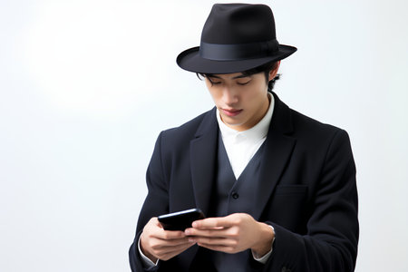 Young man in black suit and hat using mobile phone isolated on white backgroundの素材