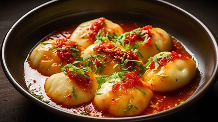 Potato dumplings with tomato sauce and parsley in bowlの素材