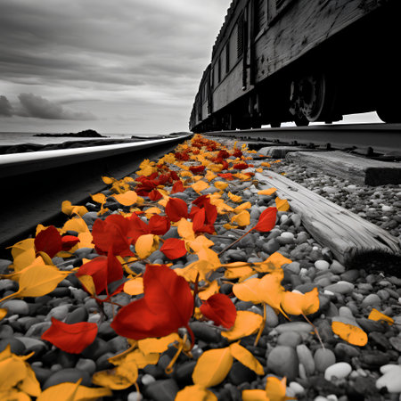 Autumn leaves on the railway tracks. Black and white image.の素材
