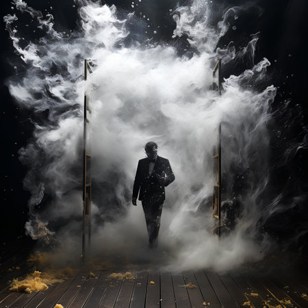 Conceptual image of a man in a dark room with smoke.の素材