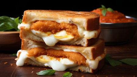 Sandwiches with fried egg, cheese and basil on wooden backgroundの素材