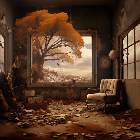 Interior of an abandoned house with an armchair and a treeの素材