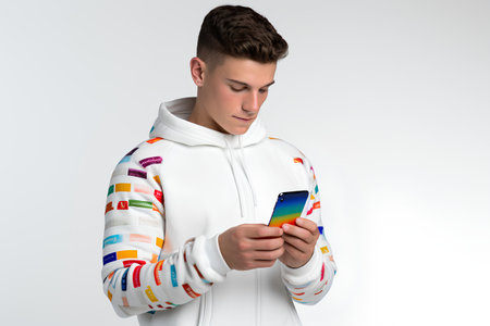 Handsome young man using mobile phone with colorful graphics on the screenの素材