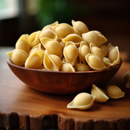 Pasta conchiglie in a bowl on a wooden tableの素材