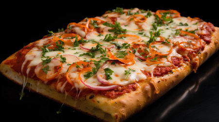 Pizza with salami, mozzarella cheese and vegetables on black backgroundの素材