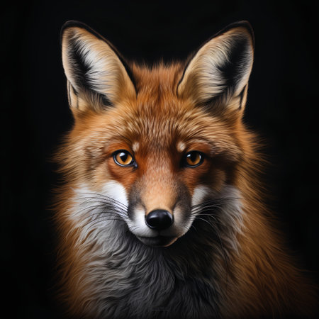 Portrait of a red fox on a black background. Close-up.の素材