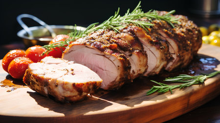roasted pork tenderloin with rosemary and tomatoes on wooden boardの素材