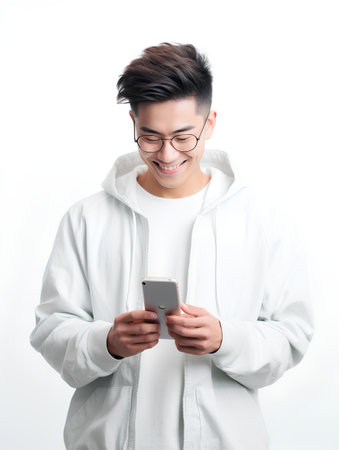 Young Asian man in white hoodie using smartphone on white background.の素材