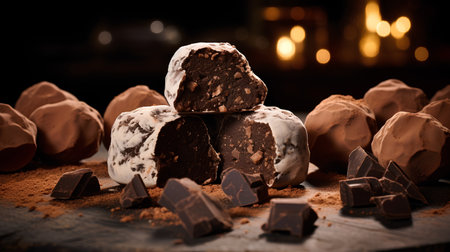 Chocolate truffles with cocoa powder on wooden background. Toned.の素材