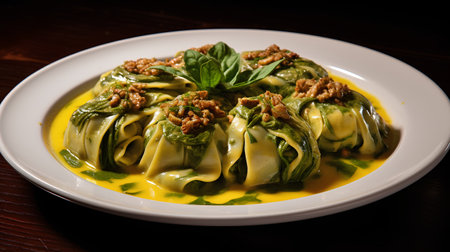 Ravioli with spinach, ricotta and walnuts on a white plateの素材